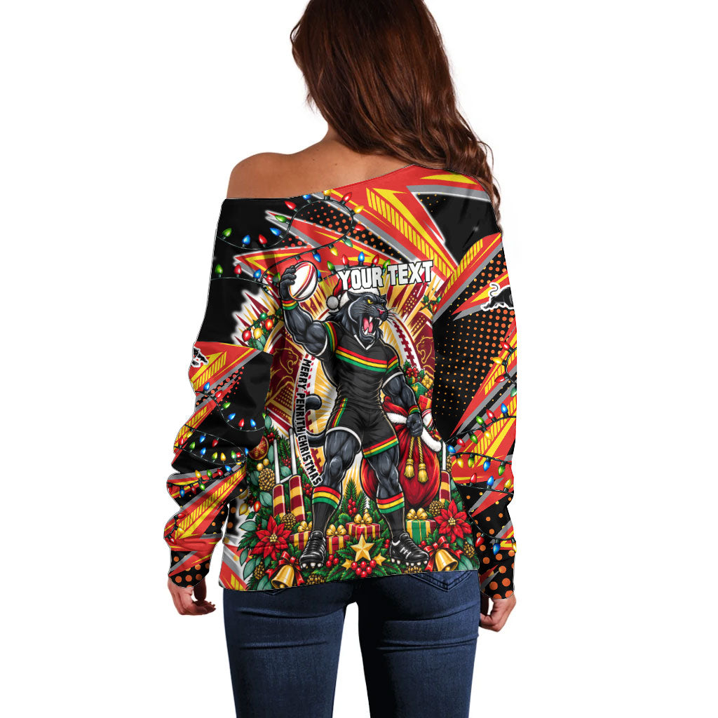 Personalized Penrith Panthers Rugby Christmas Off Shoulder Sweater Holiday Mascot Graphic Art Festive Lights Bow