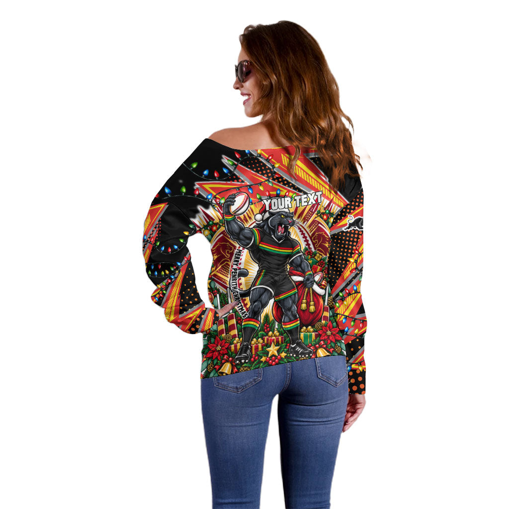 Personalized Penrith Panthers Rugby Christmas Off Shoulder Sweater Holiday Mascot Graphic Art Festive Lights Bow