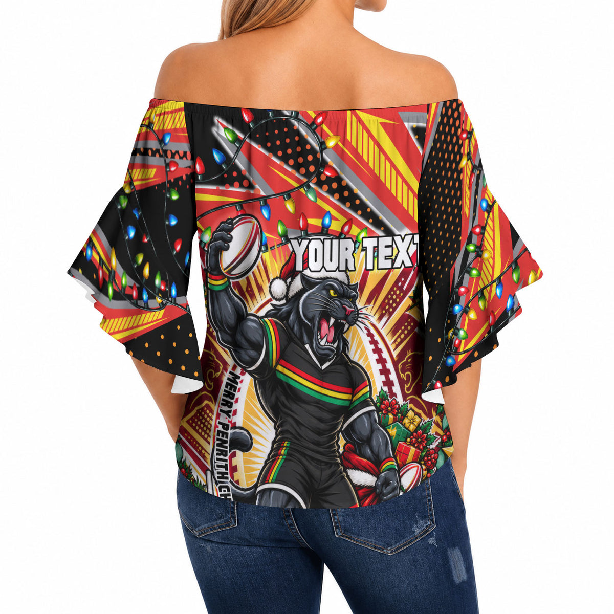 Personalized Penrith Panthers Rugby Christmas Off Shoulder Wrap Waist Top Holiday Mascot Graphic Art Festive Lights Bow