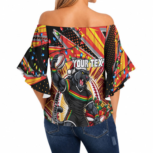 Personalized Penrith Panthers Rugby Christmas Off Shoulder Wrap Waist Top Holiday Mascot Graphic Art Festive Lights Bow