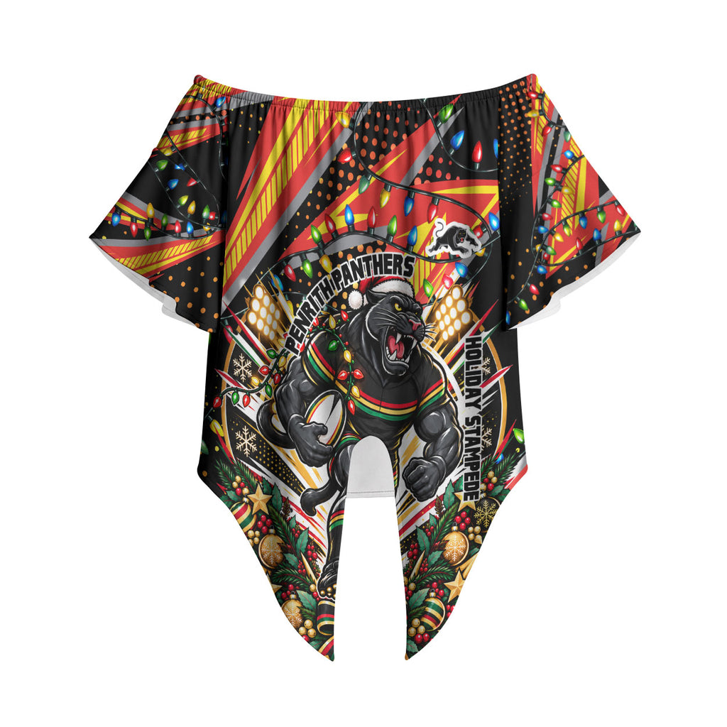 Personalized Penrith Panthers Rugby Christmas Off Shoulder Wrap Waist Top Holiday Mascot Graphic Art Festive Lights Bow