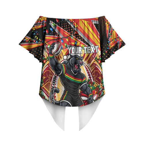 Personalized Penrith Panthers Rugby Christmas Off Shoulder Wrap Waist Top Holiday Mascot Graphic Art Festive Lights Bow