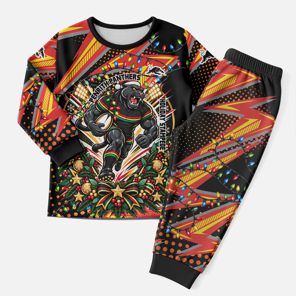 Personalized Penrith Panthers Rugby Christmas Pajama Set Holiday Mascot Graphic Art Festive Lights Bow