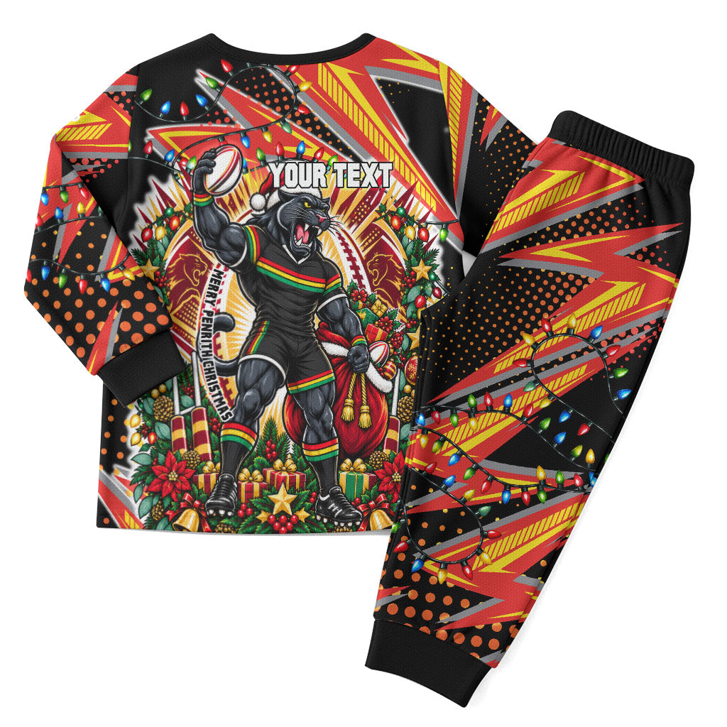 Personalized Penrith Panthers Rugby Christmas Pajama Set Holiday Mascot Graphic Art Festive Lights Bow
