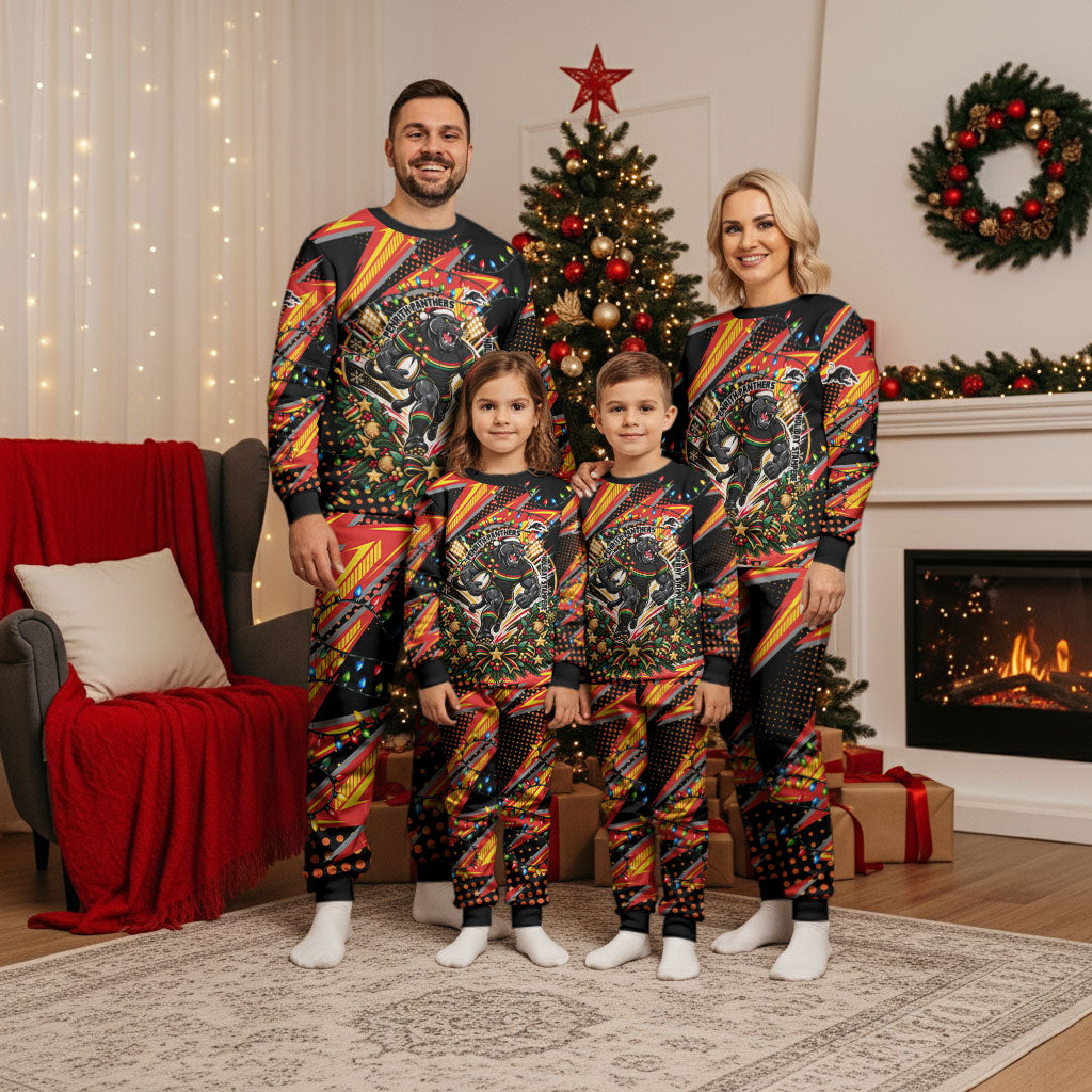 Personalized Penrith Panthers Rugby Christmas Pajama Set Holiday Mascot Graphic Art Festive Lights Bow