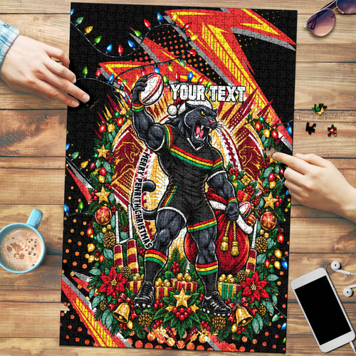 Personalized Penrith Panthers Rugby Christmas Puzzle Holiday Mascot Graphic Art Festive Lights Bow
