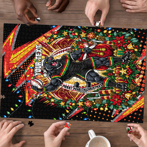 Personalized Penrith Panthers Rugby Christmas Puzzle Holiday Mascot Graphic Art Festive Lights Bow