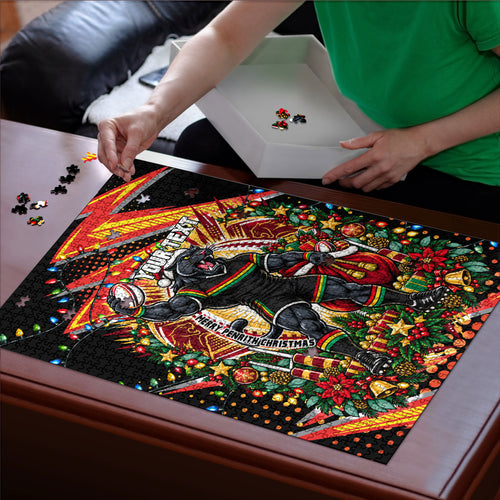Personalized Penrith Panthers Rugby Christmas Puzzle Holiday Mascot Graphic Art Festive Lights Bow