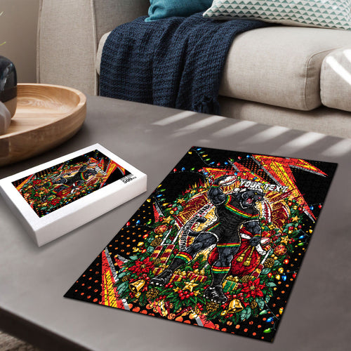 Personalized Penrith Panthers Rugby Christmas Puzzle Holiday Mascot Graphic Art Festive Lights Bow