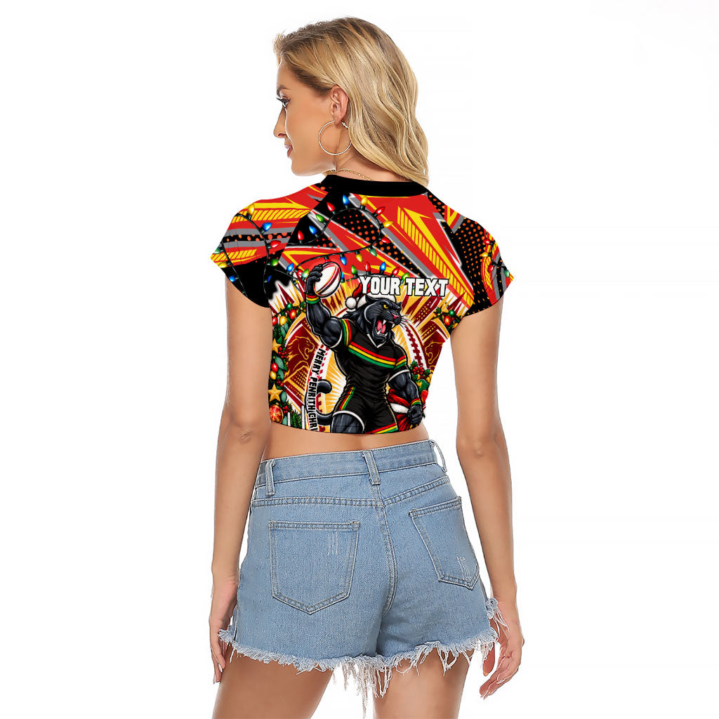 Personalized Penrith Panthers Rugby Christmas Raglan Cropped T Shirt Holiday Mascot Graphic Art Festive Lights Bow