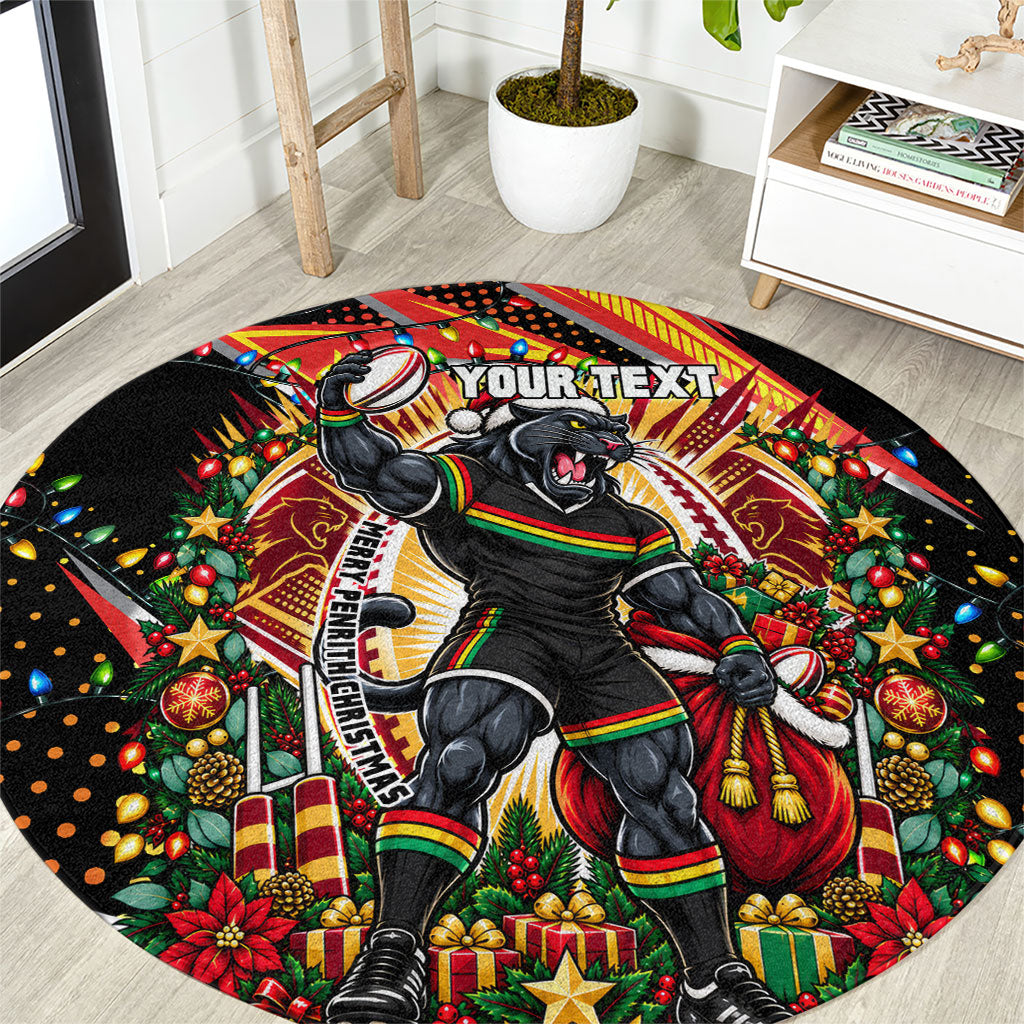 Personalized Penrith Panthers Rugby Christmas Round Carpet Holiday Mascot Graphic Art Festive Lights Bow