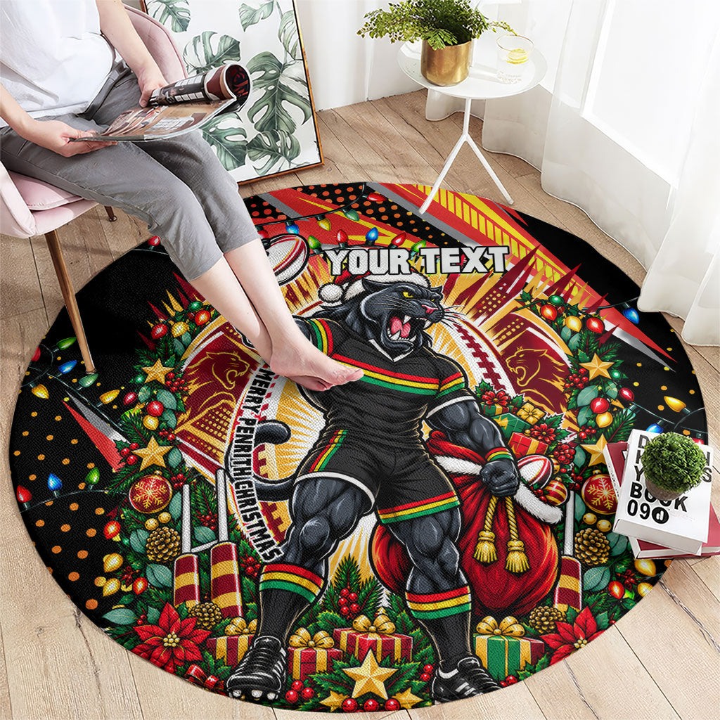 Personalized Penrith Panthers Rugby Christmas Round Carpet Holiday Mascot Graphic Art Festive Lights Bow