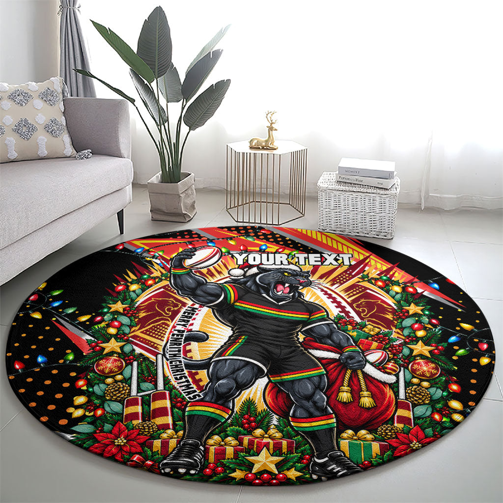 Personalized Penrith Panthers Rugby Christmas Round Carpet Holiday Mascot Graphic Art Festive Lights Bow