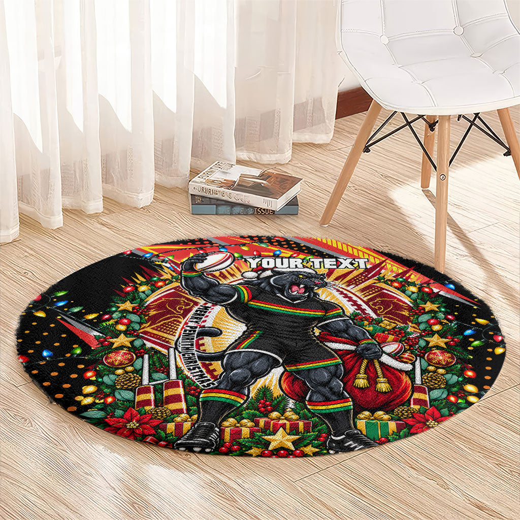 Personalized Penrith Panthers Rugby Christmas Round Carpet Holiday Mascot Graphic Art Festive Lights Bow
