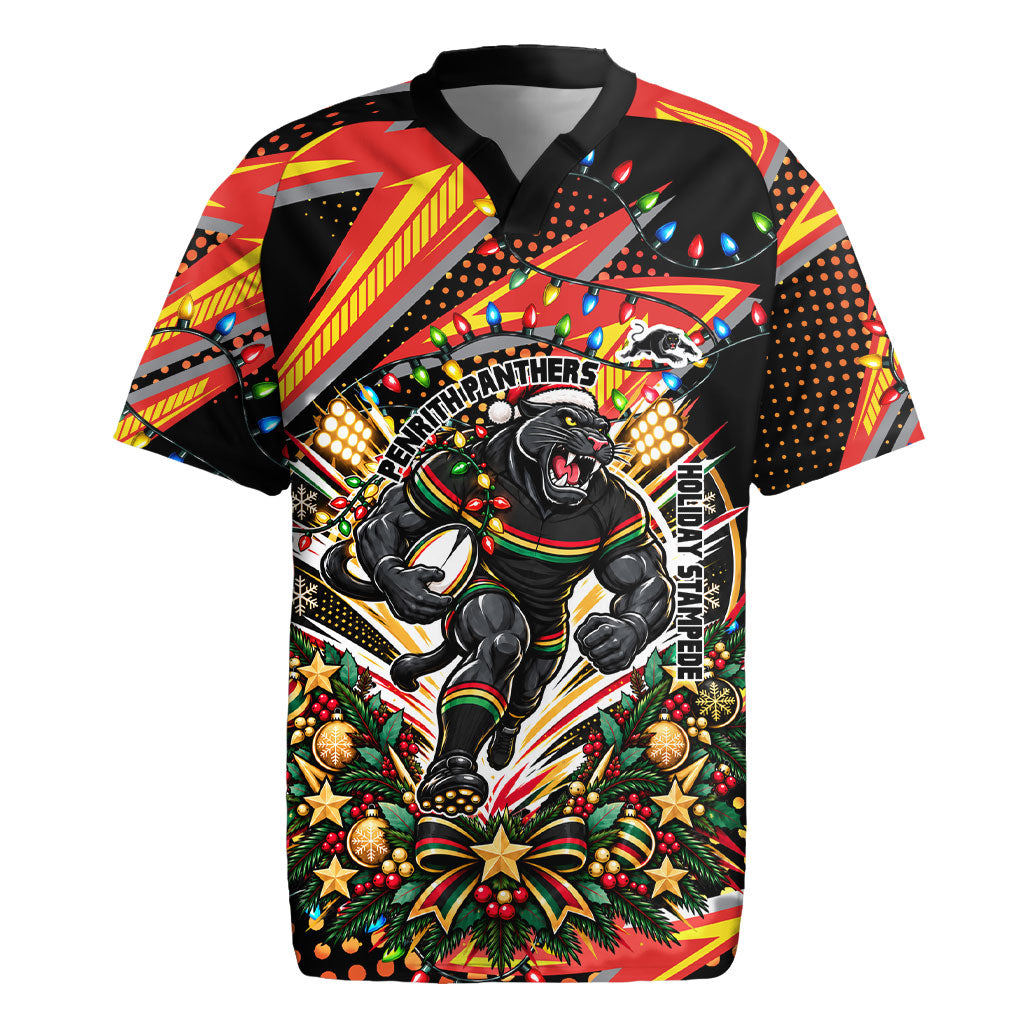 Personalized Penrith Panthers Rugby Christmas Rugby Jersey Holiday Mascot Graphic Art Festive Lights Bow
