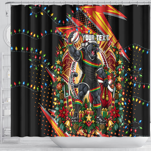 Personalized Penrith Panthers Rugby Christmas Shower Curtain Holiday Mascot Graphic Art Festive Lights Bow