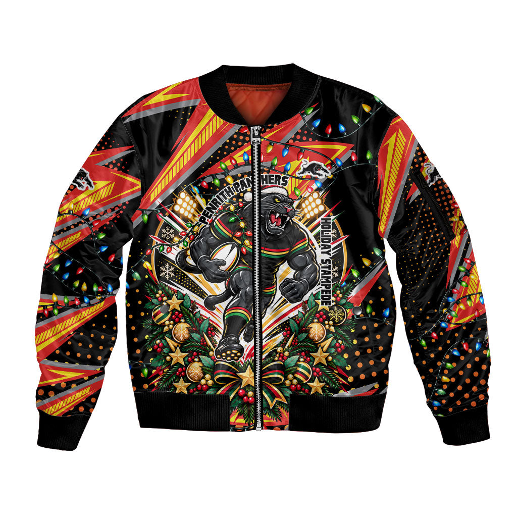 Personalized Penrith Panthers Rugby Christmas Sleeve Zip Bomber Jacket Holiday Mascot Graphic Art Festive Lights Bow