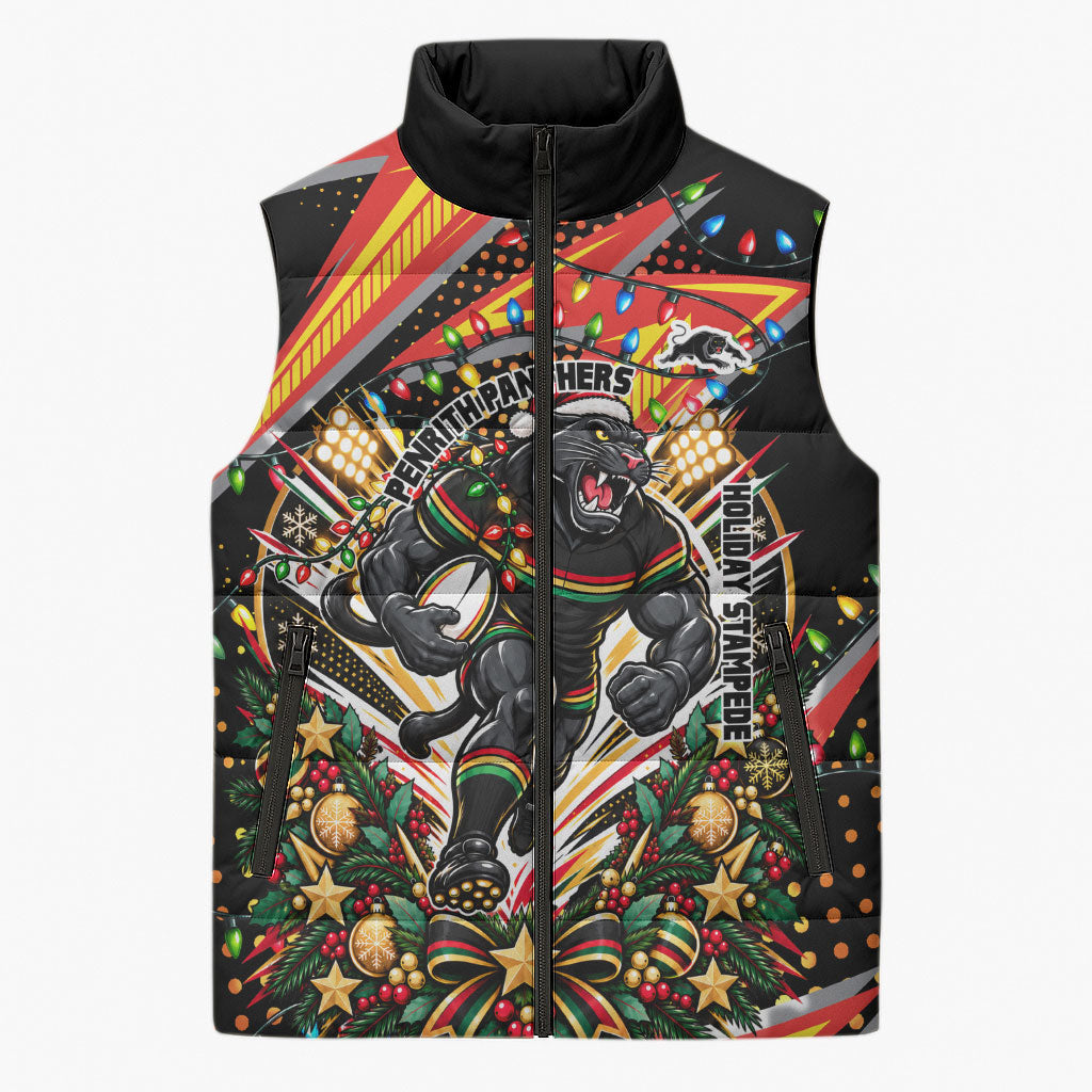 Personalized Penrith Panthers Rugby Christmas Sleeveless Puffer Jacket Holiday Mascot Graphic Art Festive Lights Bow