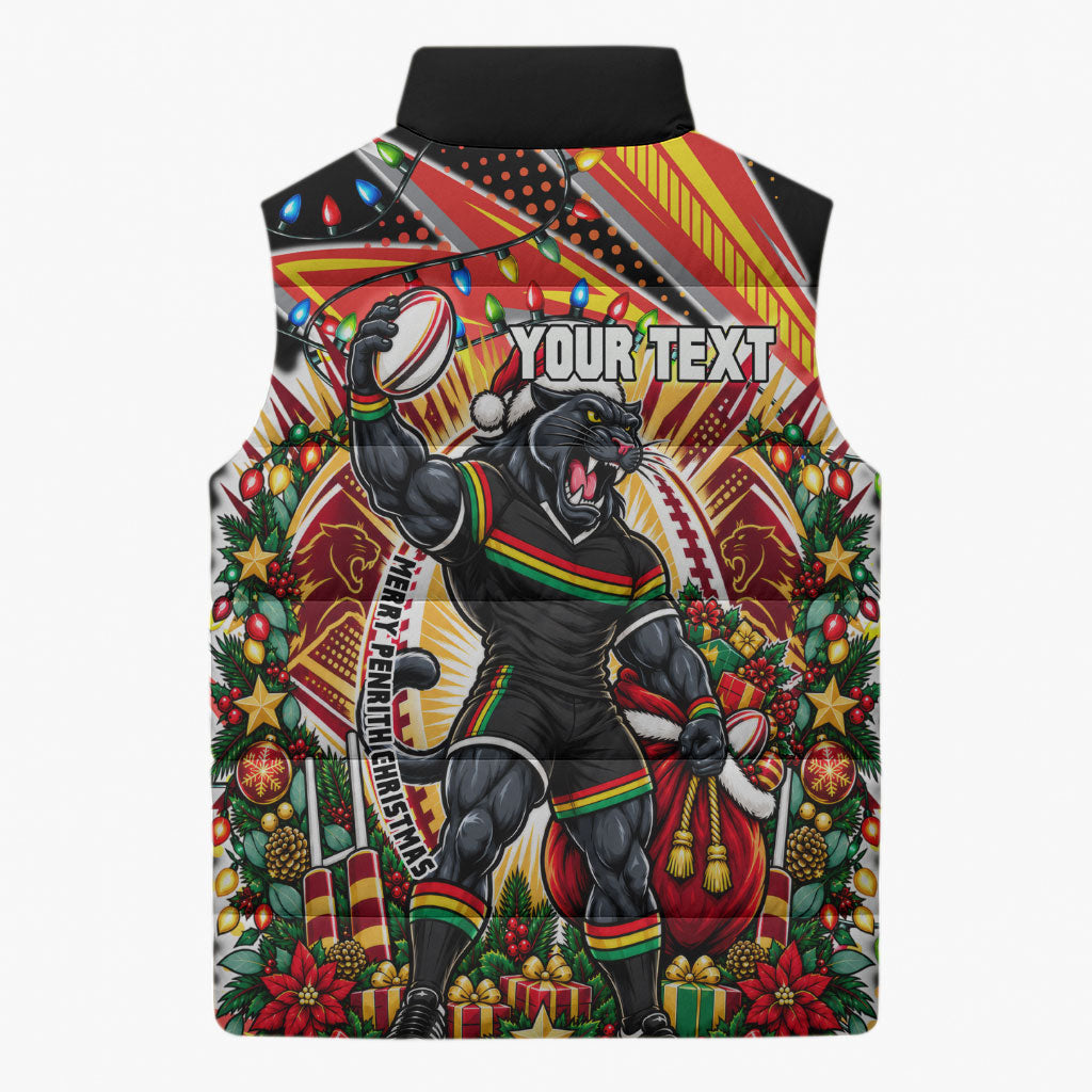 Personalized Penrith Panthers Rugby Christmas Sleeveless Puffer Jacket Holiday Mascot Graphic Art Festive Lights Bow