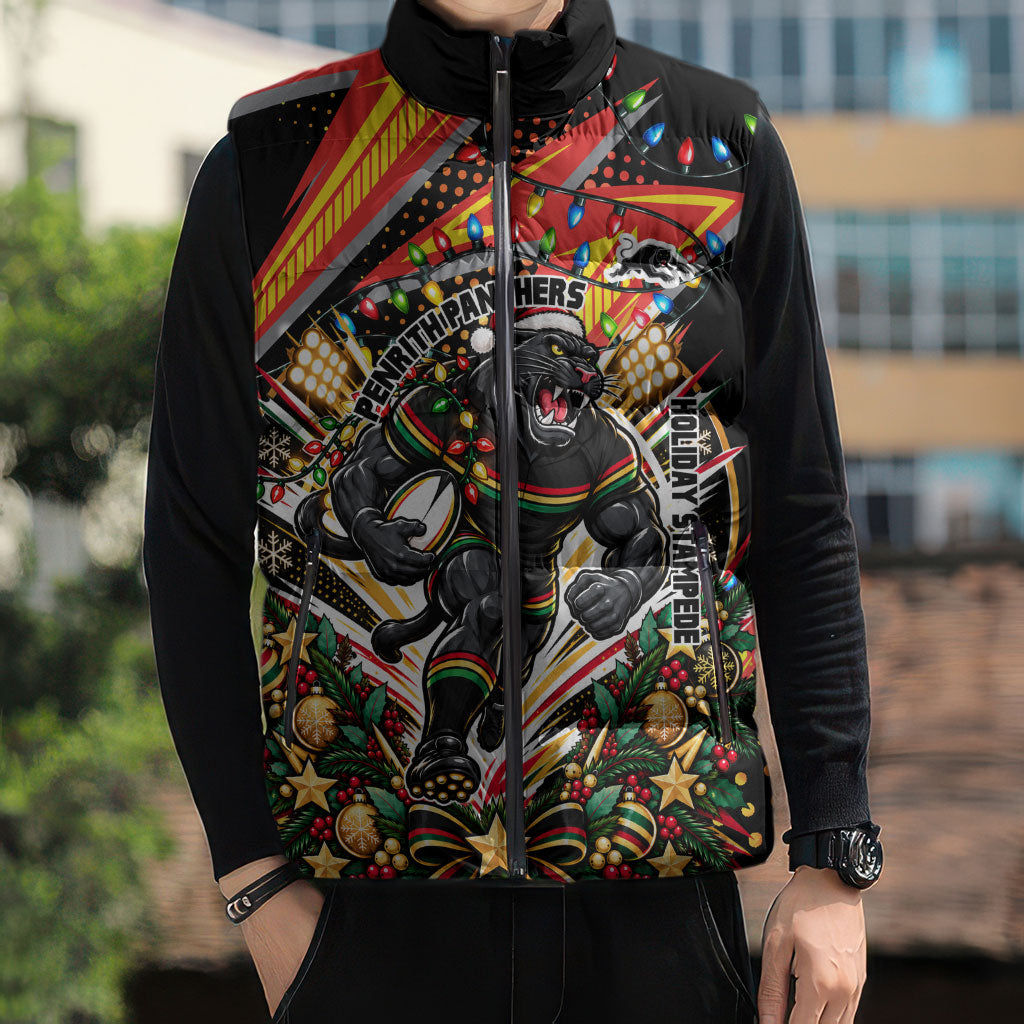 Personalized Penrith Panthers Rugby Christmas Sleeveless Puffer Jacket Holiday Mascot Graphic Art Festive Lights Bow