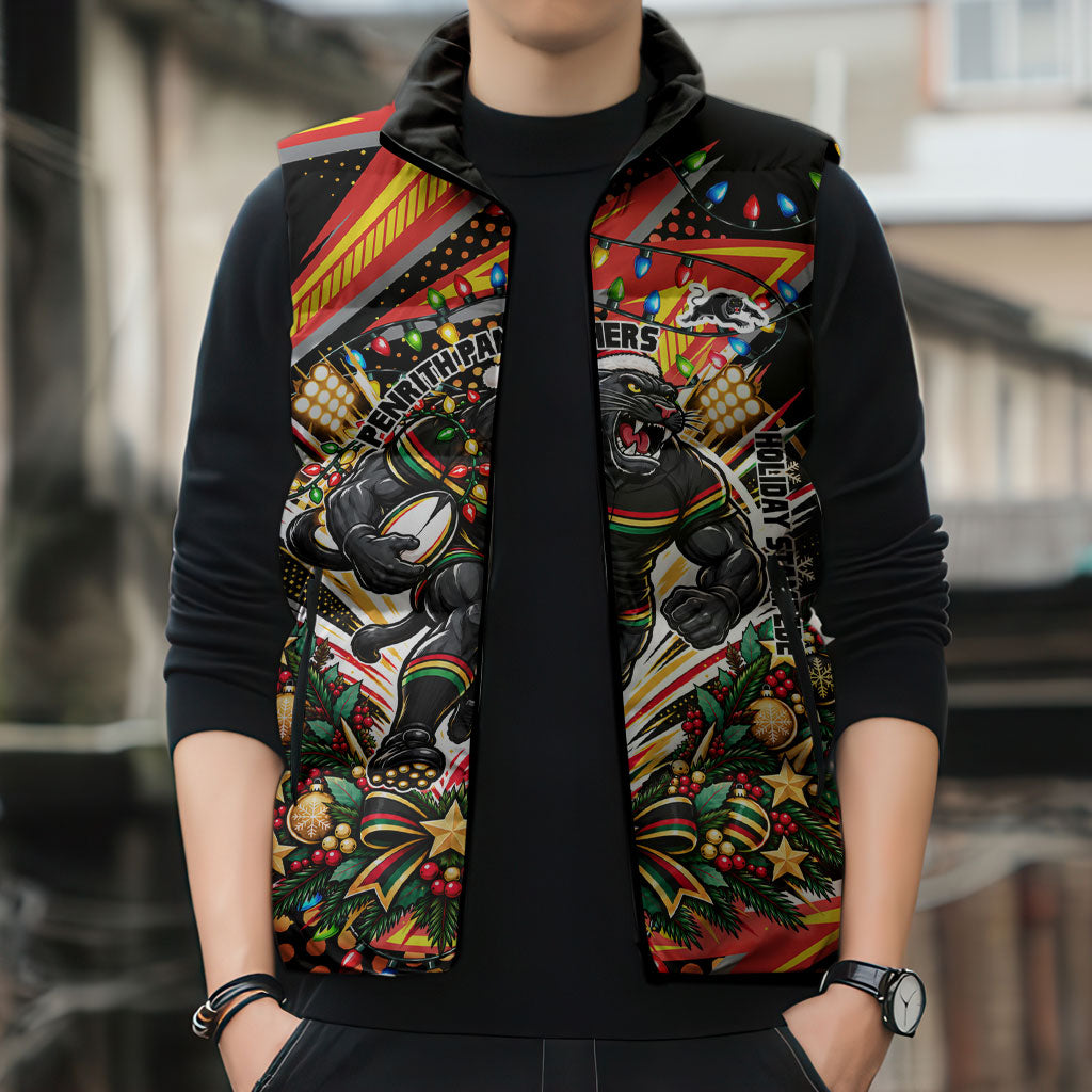 Personalized Penrith Panthers Rugby Christmas Sleeveless Puffer Jacket Holiday Mascot Graphic Art Festive Lights Bow