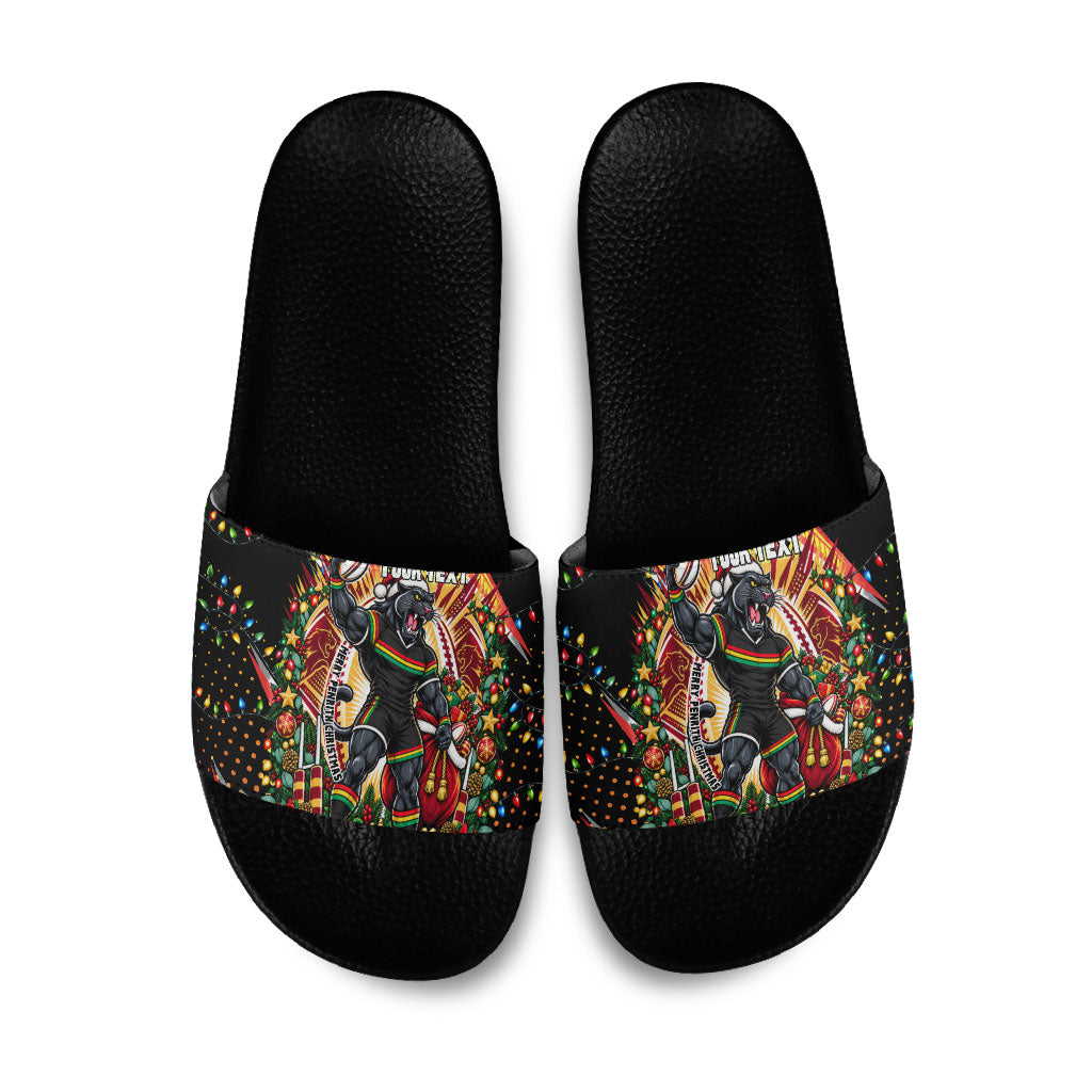Personalized Penrith Panthers Rugby Christmas Slide Sandals Holiday Mascot Graphic Art Festive Lights Bow