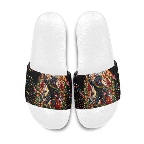 Personalized Penrith Panthers Rugby Christmas Slide Sandals Holiday Mascot Graphic Art Festive Lights Bow