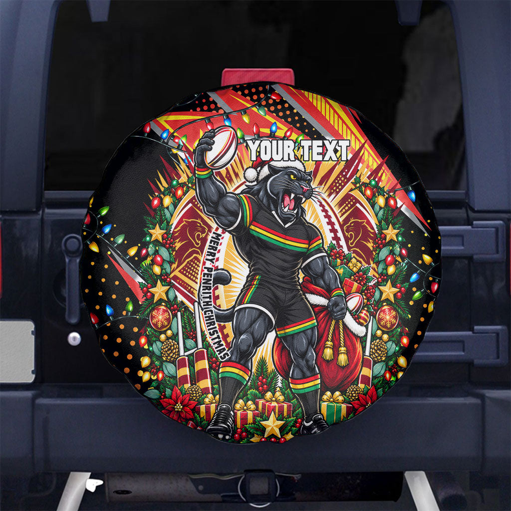 Personalized Penrith Panthers Rugby Christmas Spare Tire Cover Holiday Mascot Graphic Art Festive Lights Bow
