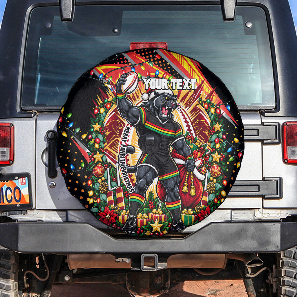 Personalized Penrith Panthers Rugby Christmas Spare Tire Cover Holiday Mascot Graphic Art Festive Lights Bow