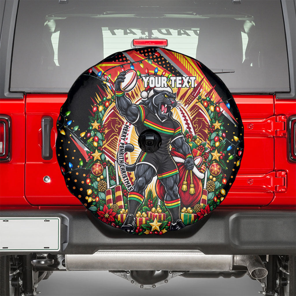 Personalized Penrith Panthers Rugby Christmas Spare Tire Cover Holiday Mascot Graphic Art Festive Lights Bow