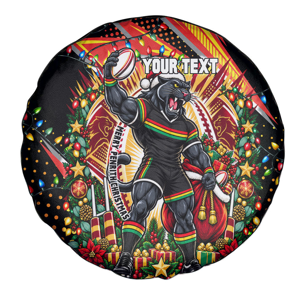 Personalized Penrith Panthers Rugby Christmas Spare Tire Cover Holiday Mascot Graphic Art Festive Lights Bow