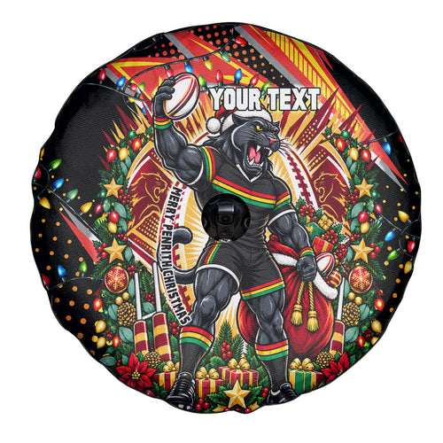 Personalized Penrith Panthers Rugby Christmas Spare Tire Cover Holiday Mascot Graphic Art Festive Lights Bow