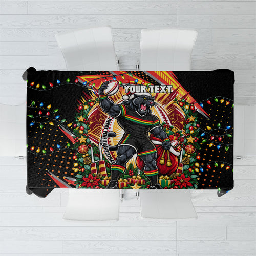 Personalized Penrith Panthers Rugby Christmas Tablecloth Holiday Mascot Graphic Art Festive Lights Bow