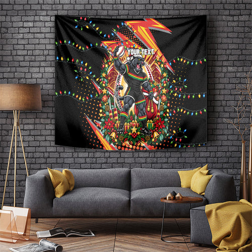 Personalized Penrith Panthers Rugby Christmas Tapestry Holiday Mascot Graphic Art Festive Lights Bow
