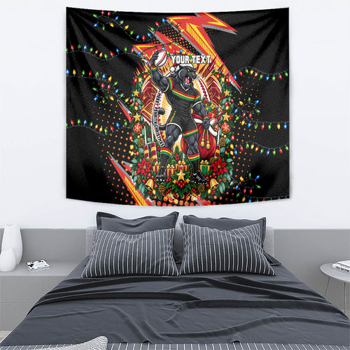 Personalized Penrith Panthers Rugby Christmas Tapestry Holiday Mascot Graphic Art Festive Lights Bow
