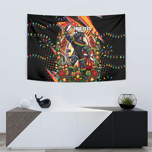 Personalized Penrith Panthers Rugby Christmas Tapestry Holiday Mascot Graphic Art Festive Lights Bow