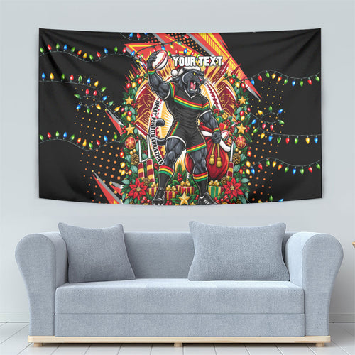 Personalized Penrith Panthers Rugby Christmas Tapestry Holiday Mascot Graphic Art Festive Lights Bow