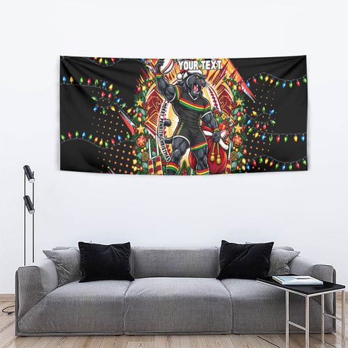 Personalized Penrith Panthers Rugby Christmas Tapestry Holiday Mascot Graphic Art Festive Lights Bow