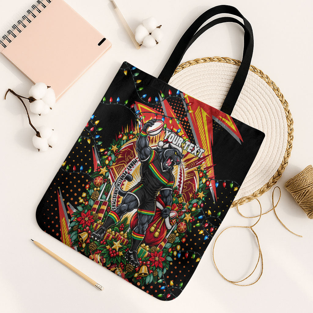 Personalized Penrith Panthers Rugby Christmas Tote Bag Holiday Mascot Graphic Art Festive Lights Bow