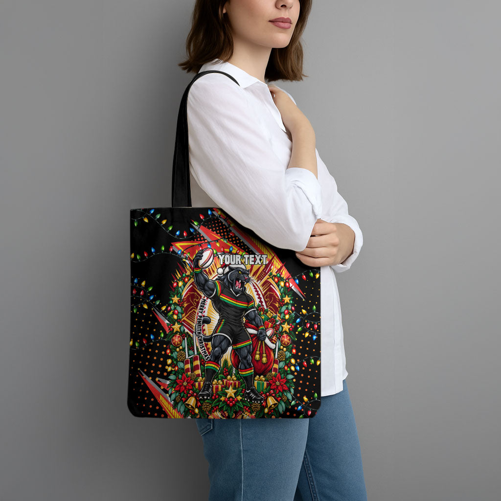 Personalized Penrith Panthers Rugby Christmas Tote Bag Holiday Mascot Graphic Art Festive Lights Bow