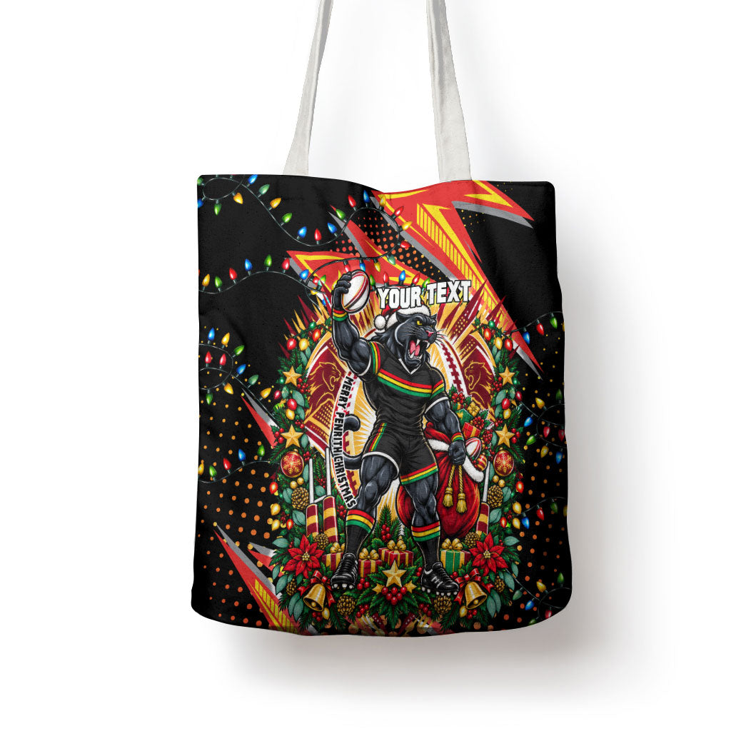Personalized Penrith Panthers Rugby Christmas Tote Bag Holiday Mascot Graphic Art Festive Lights Bow