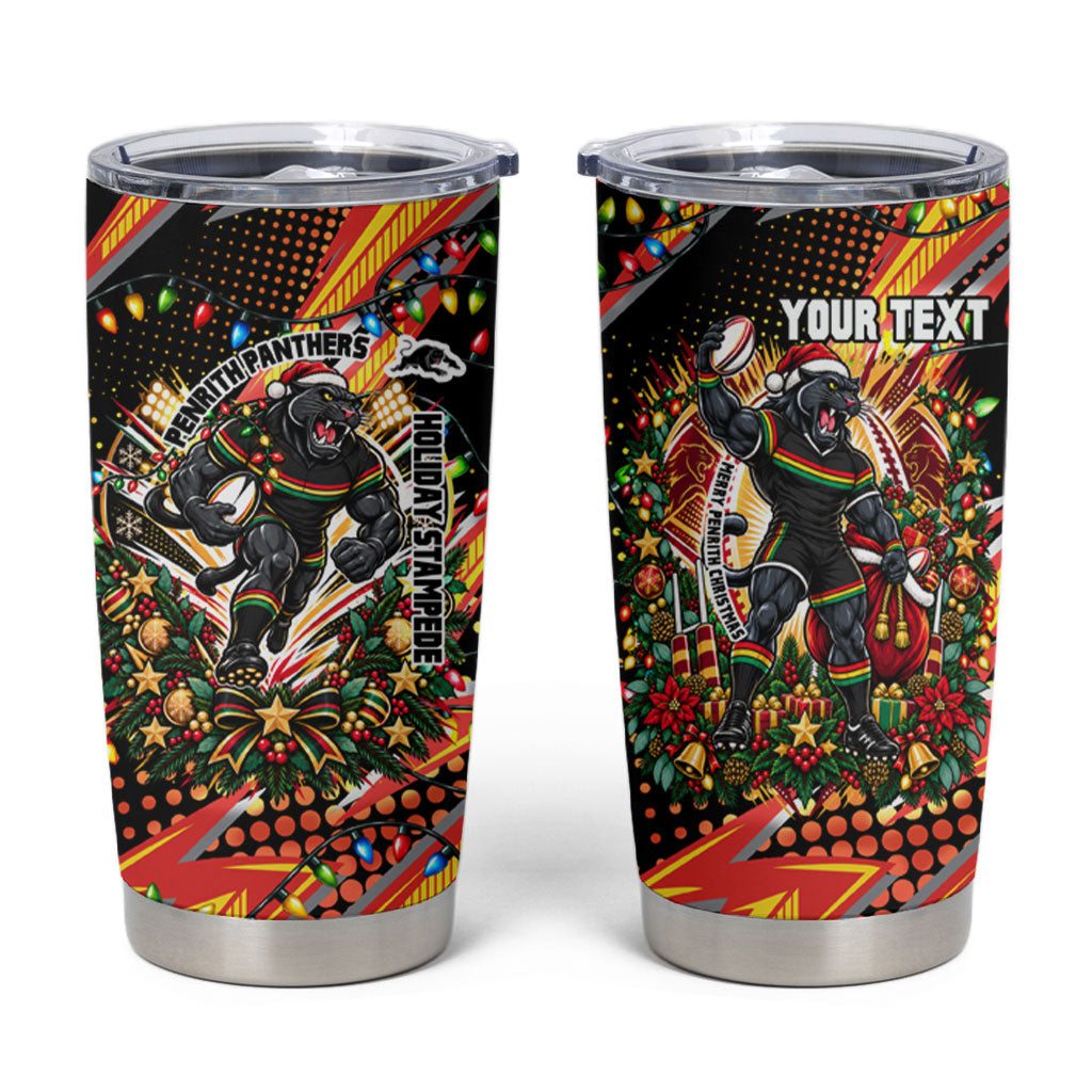 Personalized Penrith Panthers Rugby Christmas Tumbler Cup Holiday Mascot Graphic Art Festive Lights Bow