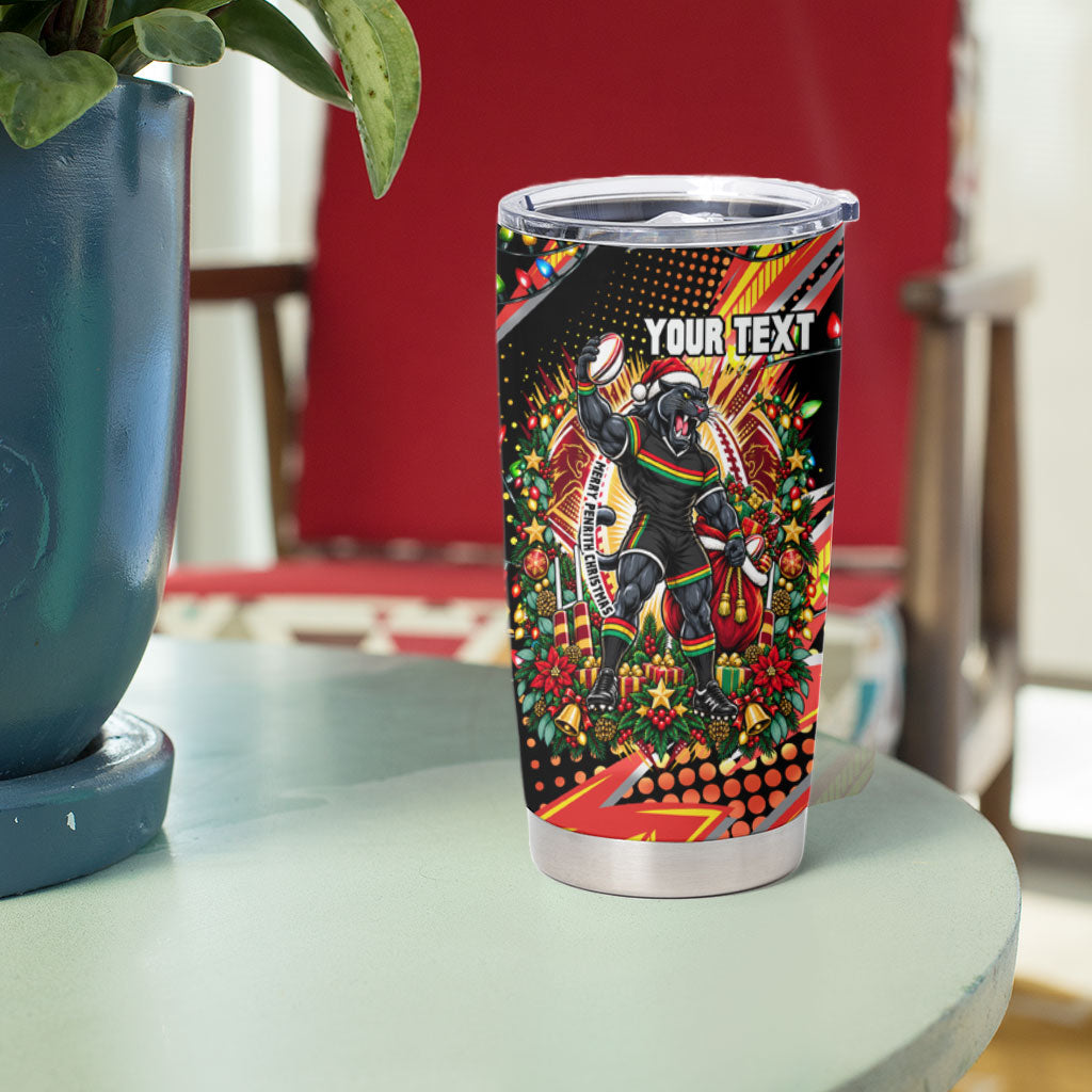 Personalized Penrith Panthers Rugby Christmas Tumbler Cup Holiday Mascot Graphic Art Festive Lights Bow