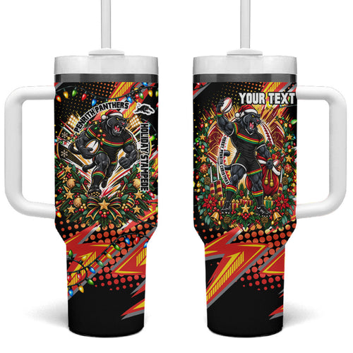 Personalized Penrith Panthers Rugby Christmas Tumbler With Handle Holiday Mascot Graphic Art Festive Lights Bow