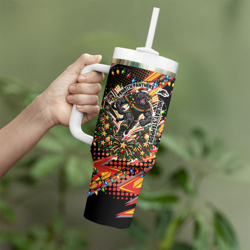 Personalized Penrith Panthers Rugby Christmas Tumbler With Handle Holiday Mascot Graphic Art Festive Lights Bow