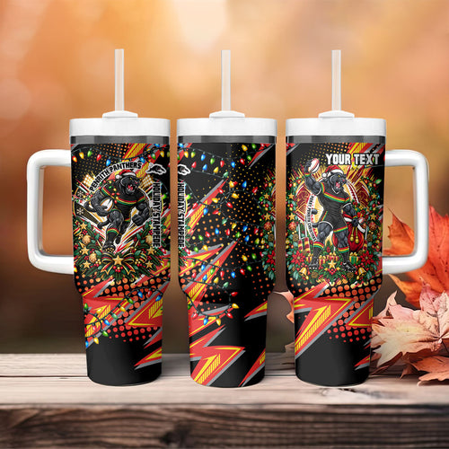 Personalized Penrith Panthers Rugby Christmas Tumbler With Handle Holiday Mascot Graphic Art Festive Lights Bow