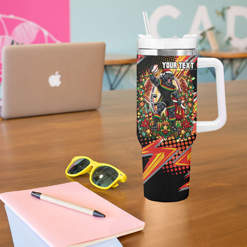 Personalized Penrith Panthers Rugby Christmas Tumbler With Handle Holiday Mascot Graphic Art Festive Lights Bow