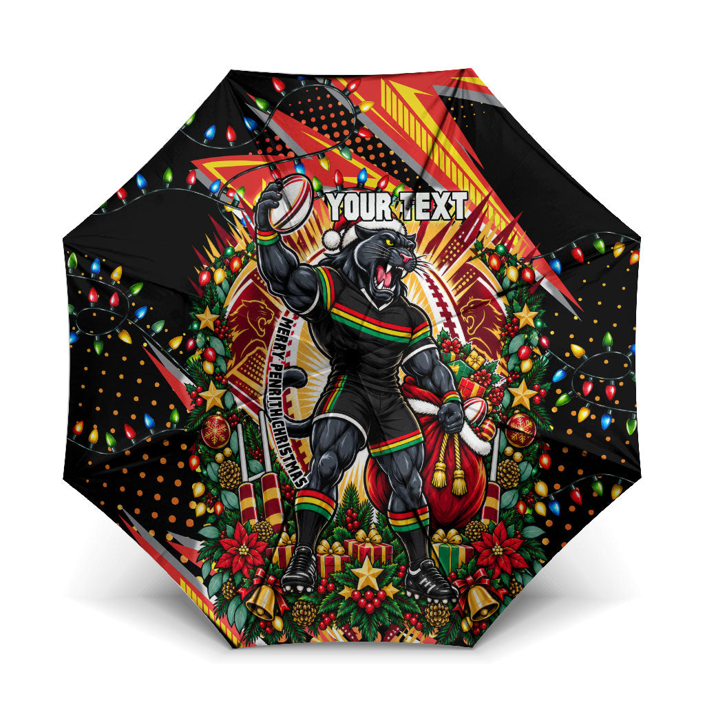 Personalized Penrith Panthers Rugby Christmas Umbrella Holiday Mascot Graphic Art Festive Lights Bow