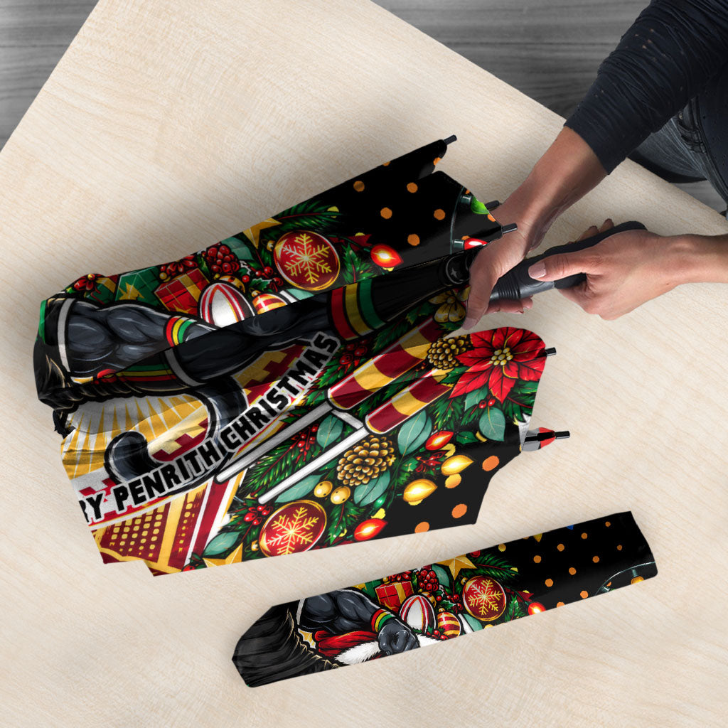 Personalized Penrith Panthers Rugby Christmas Umbrella Holiday Mascot Graphic Art Festive Lights Bow