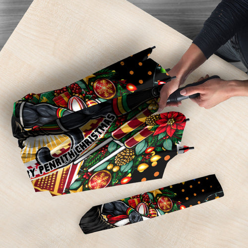 Personalized Penrith Panthers Rugby Christmas Umbrella Holiday Mascot Graphic Art Festive Lights Bow